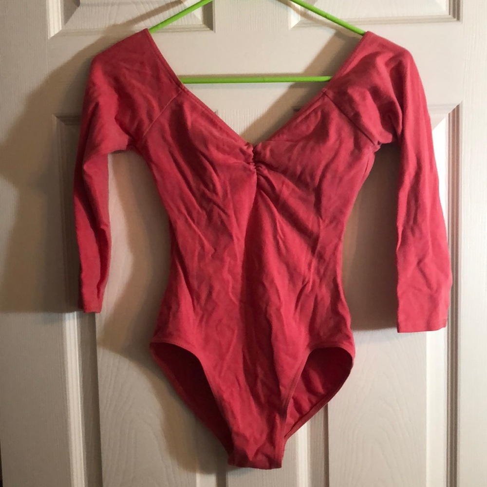 Mirella leotard, Medium, coral, 3/4 sleeves, pinched front
